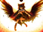  black_hair black_sun black_wings cape eyes floating frown highres long_hair minamura_haruki open_mouth red_eyes reiuji_utsuho solo touhou weapon white wings 