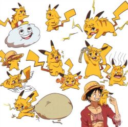1boy 1girl animalization monkey_d._luffy monkey_d_luffy nami_(one_piece) one_piece pikachu pokemon short_hair