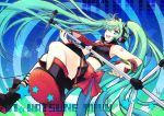  1girl ahoge aqua_eyes aqua_hair boots haku_(laterna_magica) haku_(pixiv194699) hatsune_miku headphones long_hair microphone microphone_stand midriff nail_polish navel necktie skirt smile solo twintails very_long_hair vocaloid 