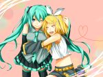   closed_eyes detached_sleeves hatsune_miku hug kagamine_rin open_mouth smile vocaloid  