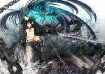  belt bikini_top black_hair black_rock_shooter black_rock_shooter_(character) blue_eyes boots chain coat long_hair midriff navel scar solo stitches sword twintails uneven_twintails very_long_hair weapon yutaro5313 
