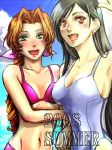  00s 2008 2girls aerith_gainsborough bikini black_hair blush brown_hair crossed_arms earrings final_fantasy final_fantasy_vii green_eyes long_hair mitsugi210 one-piece_swimsuit open_mouth red_eyes ribbon square_enix summer swimsuit tifa_lockhart 