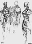  1girl armor ass breasts cleavage concept_art gloves hair_over_one_eye isabella_valentine monochrome solo soul_calibur sword thighhighs underboob whip_sword 