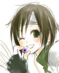  artist_request brown_hair final_fantasy final_fantasy_vii fingerless_gloves gloves green_eyes headband lowres materia short_hair smile solo wink yuffie_kisaragi yungu_(vipper) 