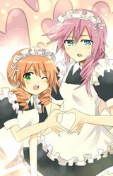  apron blue_eyes blush final_fantasy final_fantasy_xiii green_eyes lightning_(ff13) long_hair maid maid_headdress maid_uniform meru oerba_dia_vanille pink_hair redhead uniform wink 