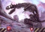  bird caterpillar_tracks chainlink_fence city_skyline construction dinosaur fence mugi_asaki siren skeleton social_commentary traditional_media treads tyrannosaurus_rex 