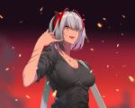  1girl :d antennae arknights bangs black_shirt breasts chinese_commentary collarbone commentary_request embers hand_up highres horns looking_at_viewer medium_breasts open_mouth orange_eyes shijie_jianfa shirt short_hair short_sleeves silver_hair smile solo upper_body w_(arknights) w_(trance)_(arknights) 