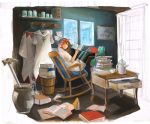  artist_request barrel book brown_eyes brown_hair castle chair clothes_hanger cup final_fantasy final_fantasy_i flail hammer hanger hood looking_back map munaita robe rocking_chair sitting solo teacup teapot white_mage 