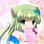  blush cat_ears cat_tail frog green_eyes green_hair hair_ornament kemonomimi_mode kochiya_sanae tail touhou yamaguchi_takashi yamaguchi_yuu 