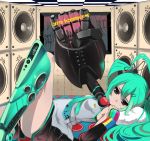  aqua_eyes aqua_hair bad_id begbeing hair_ornament hairclip hatsune_miku headphones heart izuru_(timbermetal) long_hair lying mechanical_arm necktie on_back skirt solo vocaloid 