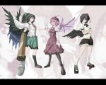  ao_usagi black_hair black_wings bow claws eyes fingernails geta hair_bow hat letterboxed long_fingernails long_hair mystia_lorelei pink_hair red_eyes reiuji_utsuho shameimaru_aya short_hair tengu-geta tokin_hat touhou wings zoom_layer 