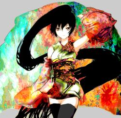  black_hair detached_sleeves japanese_clothes kimono kyky long_hair nagone_mako ponytail solo thigh-highs thighhighs utau very_long_hair yellow_eyes yukata zettai_ryouiki 