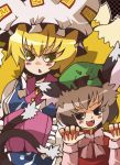  blonde_hair blush_stickers brown_eyes brown_hair cat_ears cat_tail chachi chachi_(azuzu) chen claws earrings fangs fox_tail hat jewelry multiple_tails open_mouth tail touhou yakumo_ran yellow_eyes 