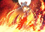  din_(artist) din_(flypaper) fire fujiwara_no_mokou hair_bow long_hair mouth_hold red_eyes silver_hair smile spell_card suspenders teeth torn_clothes touhou 