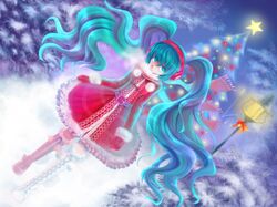  aqua_eyes aqua_hair belt boots christmas christmas_tree coat earmuffs fatherland2009 hatsune_miku headphones long_hair mittens solo twintails very_long_hair vocaloid 