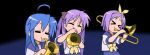  blue_hair gif hairband highres hiiragi_kagami hiiragi_tsukasa instrument izumi_konata lucky_star purple_hair saxophone school_uniform trombone trumpet 