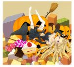  broom cake candy food halloween hat jack-o-lantern jelly_bean long_hair lying mahito on_back original pastry pudding pumpkin purple_eyes solo thigh-highs thighhighs violet_eyes white_legwear witch_hat 