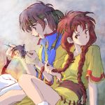  bandana braid brown_hair dress hix long_hair red_eyes redhead short_hair sitting suikoden suikoden_i tengaar twin_braids y 