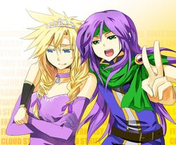  1girl alternate_costume androgynous belt blonde_hair blue_eyes character_name choker cloak cloud_strife crossdressing crossdressinging crossed_arms dress elbow_gloves faris_scherwiz final_fantasy final_fantasy_v final_fantasy_vii gloves green_eyes headband long_hair meru open_mouth purple_hair reverse_trap smile spiky_hair sweatdrop tiara title_drop tomboy trap v 