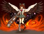  arm_cannon bow brown_hair cape emerane eyes hair_bow long_hair merutoreimu red_eyes reiuji_utsuho touhou weapon wings 