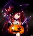  choker dress erza_scarlet fairy_tail halloween hat jack-o-lantern long_hair pumpkin red_eyes red_hair redhead solo sword weapon witch witch_hat 