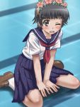  blush head_wreath school_uniform sitting solo to_aru_kagaku_no_railgun to_aru_majutsu_no_index uiharu_kazari wariza wink 