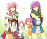  belt blue_eyes cape closed_eyes confrontation crossed_arms faris_scherwiz final_fantasy final_fantasy_v final_fantasy_xiii fingerless_gloves gloves green_eyes headband lenna_charlotte_tycoon lightning_(ff13) lightning_farron long_hair meru miniskirt multiple_girls necklace nervous pink_hair ponytail purple_hair scarf serah_farron short_hair shoulder_pads siblings side_ponytail sisters skirt smile stare sweatdrop thigh-highs thighhighs 