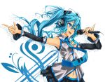  blue_eyes blue_hair detached_sleeves hands hatsune_miku headphones long_hair microphone navel necktie open_mouth skirt smile solo twintails vocaloid yato 