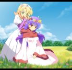  bad_id blonde_hair born_free character_request crown dragon_quest dragon_quest_ii dress field flower green_eyes head_wreath long_hair multiple_girls open_mouth orange_eyes princess_of_moonbrook princess_of_samantoria purple_hair robe sitting sky smile tiara 