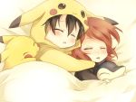  2boys :&lt; animal_costume bad_id bed black_hair closed_eyes cosplay costume cyndaquil gold_(pokemon) maruki_(punchiki) multiple_boys pikachu pikachu_(cosplay) pokemon pokemon_(creature) red_hair redhead silver_(pokemon) sleeping 