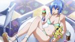  blue_eyes blue_hair breasts cap cleavage crossed_legs eyecatch food genderswap harakiri_tora ice_cream kampfer sandals screencap senou_natsuru sitting stuffed_animal stuffed_toy swimsuit wink 