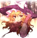  an2a blonde_hair bow braid breath bust fingerless_gloves gloves hair_bow hand_on_hat hat kirisame_marisa lowres open_mouth raised_eyebrow red_eyes ribbon scarf solo touhou uneven_eyes wavy_hair witch_hat yellow_eyes 