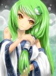 adjusting_hair bare_shoulders bow detached_sleeves frog green_hair hair_bow hair_ornament japanese_clothes kochiya_sanae long_hair miko retei smile solo touhou wide_sleeves yellow_eyes 