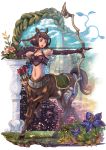  animal_ears arrow beads bow_(weapon) brown_eyes brown_hair castle centaur elbow_gloves fantasy flower fujimaru garden gloves highres midriff monster_girl navel open_mouth pillar quiver saddle short_hair solo twin_braids twintails weapon 