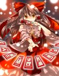  bad_id bow brown_hair detached_sleeves hakurei_reimu japanese_clothes long_hair miko naka_marimo ofuda ribbon solo touhou yellow_eyes 