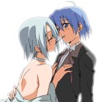  blue_eyes blue_hair choker closed_eyes formal gown hayate_no_gotoku! katsura_yukiji pocky pocky_kiss segawa_haruna shared_food short_hair suit 