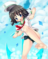  bad_id barefoot black_hair blue_eyes feet flat_chest hat kuro_minamo loli murasa_minamitsu no_pants sailor sailor_collar sailor_hat sailor_suit school_swimsuit short_hair solo swimsuit swimsuit_under_clothes touhou 