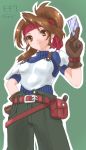  armor belt brown_eyes brown_hair card earrings final_fantasy final_fantasy_vii gloves hand_on_hip headband holding holding_card id_card jessie jessie_(ff7) jewelry minnku ponytail shoulder_pads smile solo turtleneck 