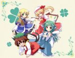  animal_ears blonde_hair brown_eyes brown_hair cat_ears cat_tail chen clover earrings flandre_scarlet green_eyes green_hair hat jewelry kochiya_sanae long_hair mikuriya_wata mizuhashi_parsee multiple_girls multiple_tails pointy_ears ribbon short_hair side_ponytail tail touhou wings 