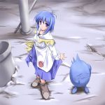  :3 ahoge blue_hair blush bow buttons creature dress frown ribbon shoes short_hair snow spikes violet_eyes winter 