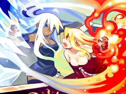  battle blonde_hair blue_eyes breasts cleavage dark_skin fire futaba_channel ice lesty multiple_girls red_eyes rusty shigehiro_(artist) white_hair 