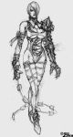  1girl armor breasts cleavage concept_art gloves hair_over_one_eye isabella_valentine monochrome solo soul_calibur sword thighhighs underboob whip_sword 