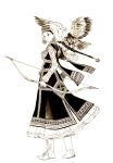  bird boots bow_(weapon) braid brown character_request dress duplicate earrings headdress highres jewelry manami_(artist) monochrome otoyomegatari quiver simple_background single_braid solo standing sugano_manami traditional_clothes weapon 