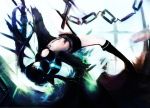  black_hair black_rock_shooter black_rock_shooter_(character) blue_eyes boots chain chains glowing glowing_eyes gun highres jacket long_hair midriff navel nephy pov_aiming shorts solo twintails weapon 