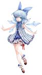  alternate_costume bloomers blue_eyes blue_hair bow cirno frills gathers hair_bow mary_janes outstretched_arms senzi shoes short_hair simple_background solo spread_arms touhou wings 