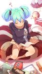  alternate_hairstyle aqua_hair barefoot feet from_above hatsune_miku highres long_hair mouth_hold musical_note panties pillow reading sitting solo twintails underwear utu vocaloid 