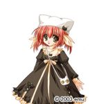  2003 animal_ears bag bow brown_eyes cat cat_ears child dress eroge handbag hat kinyoubi_no_koneko lolita_fashion lowres maaya redhead ribbon short_hair solo standing text watermark 