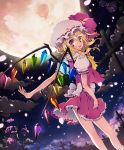  80ne80ne dutch_angle flandre_scarlet flower full_moon glowing grave hands hat looking_back moon night orange_eyes outstretched_hand petals petticoat ponytail red_eyes rose rugo short_hair side_ponytail smile touhou wings 