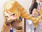  armor bad_id blonde_hair blush braid brown_eyes chair deep_cave final_fantasy final_fantasy_tactics gloves hairdressing pierre_norano sitting sitting_backwards 