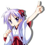  hair_ribbon hiiragi_kagami japanese_clothes long_hair lucky_star miko pocky pointing purple_hair ribbon rindou_(awoshakushi) tsurime twintails 